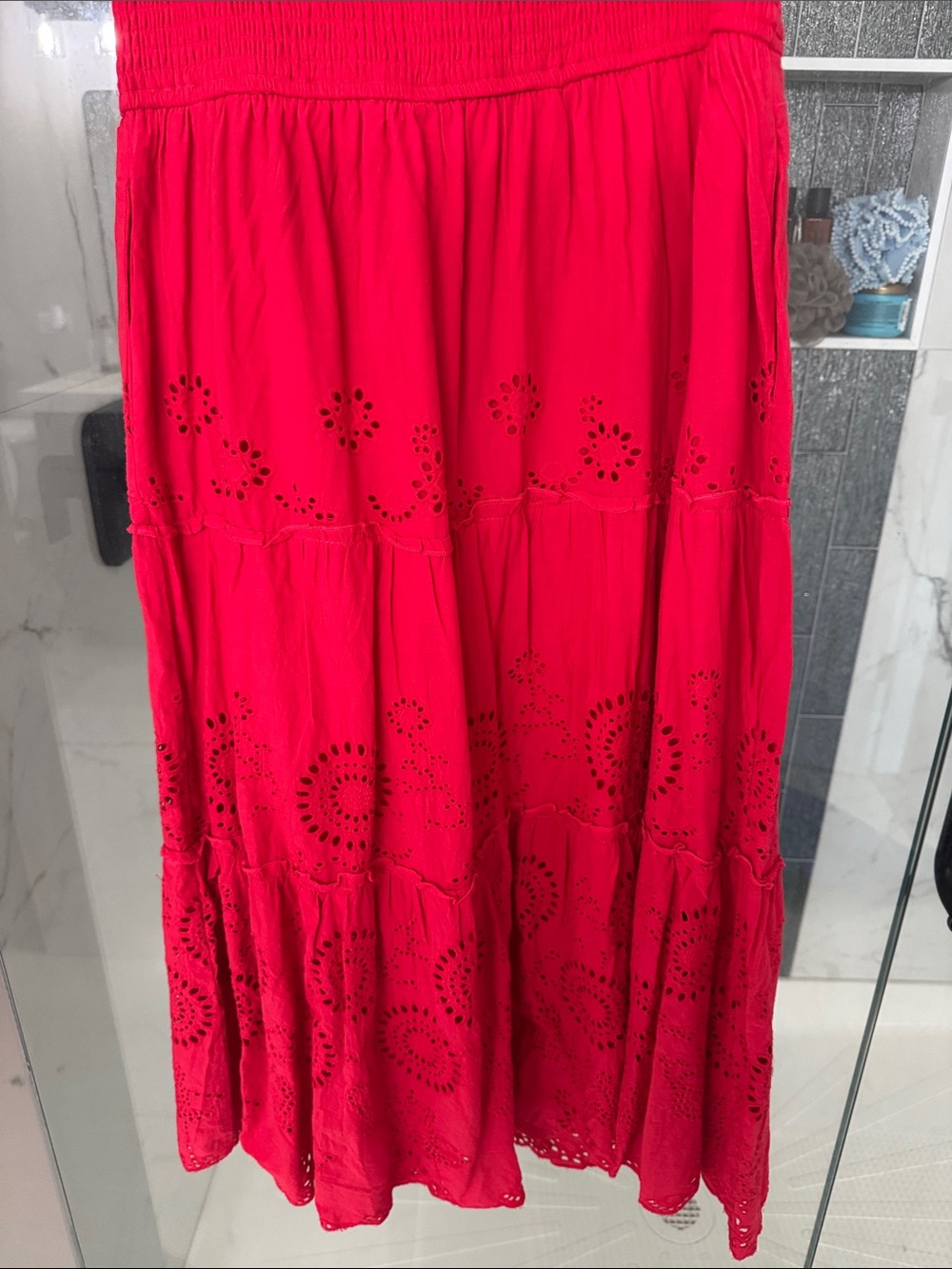 Bright Red Eyelet Maxi Dress with Smocked Bodice - Picture 3 of 4